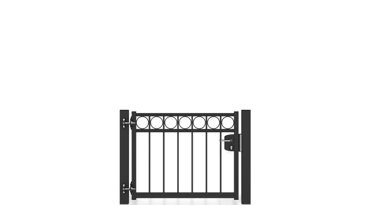 Gartentor ZAUNGURU BASIC-Linie Oldenburg Kreis aus Metall, Höhe: 83cm, Breite: 123cm, 1-flügelig inkl. Pfosten, Schloss und Zubehör, Feuerverzinkt und in RAL 7016 Anthrazitgrau pulverbeschichtet