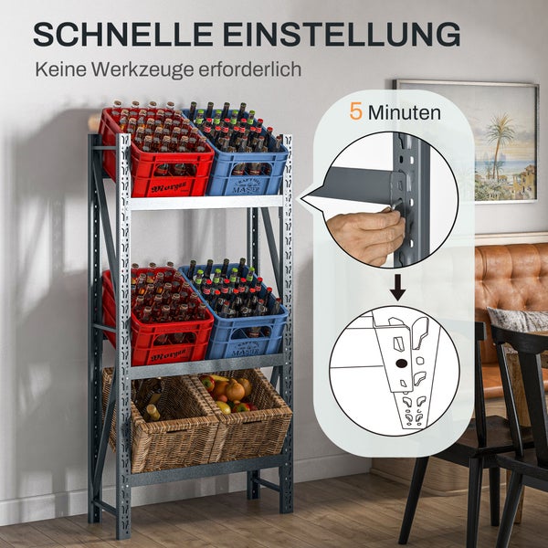 HOMCOM Getränkekistenregal für 6 Kisten, Freistehend Getränkeregal mit 3 Verstellbaren Ebenen, Kistenregal, 80 x 30 x 160 cm, Stahl, Grau