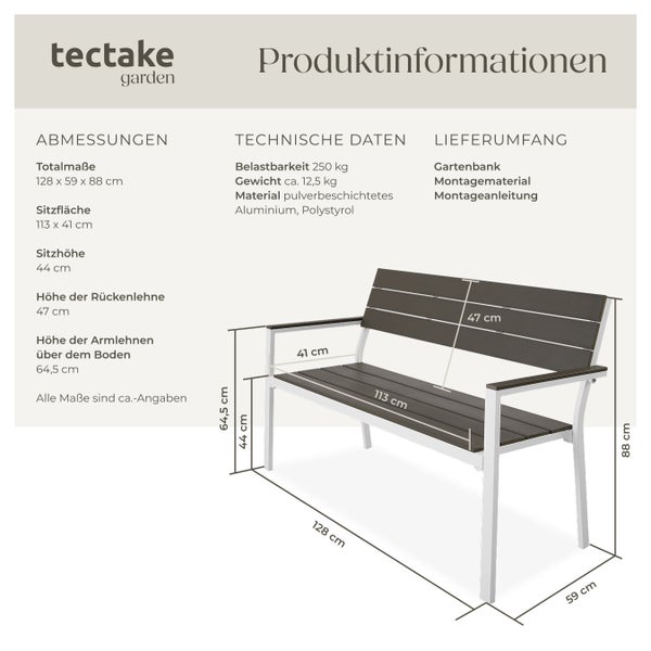 Gartenbank tectake Line 128 x 59 x 88 cm 2-Sitzer hellgrau/weiß