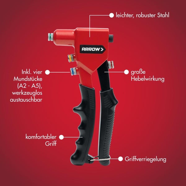 Handnietzange mit Arrow Logo, aus robustem Stahl, vier werkzeuglos austauschbare Mundstücke, komfortabler Griff und Griffverriegelung.