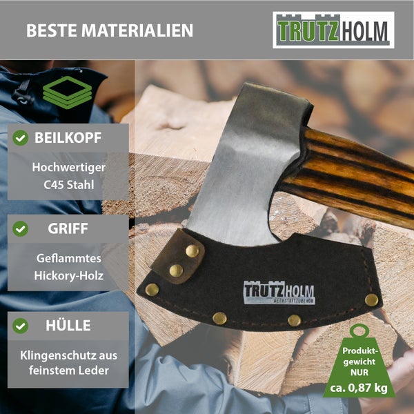 Trutzholm Axt mit C45 Stahl Beilkopf, geflammtem Hickory Holzstiel und Lederscheide, Gewicht circa 0,87 Kilogramm.