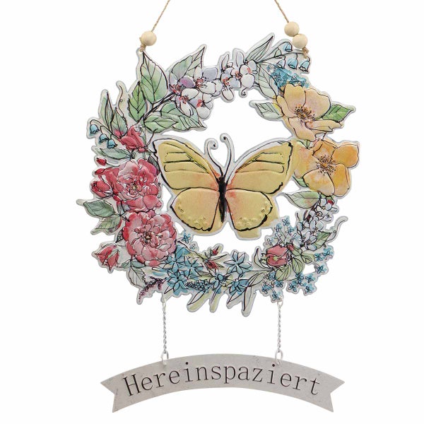 Dekoratives Hängeschild mit Blumen, Schmetterling und dem Schriftzug Hereinspaziert