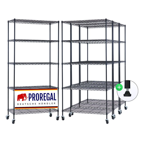 Proregal Logo. Zwei Metall-Gitterregale mit fünf Böden, fahrbar auf Rollen und inklusive höhenverstellbarer Standfüße.