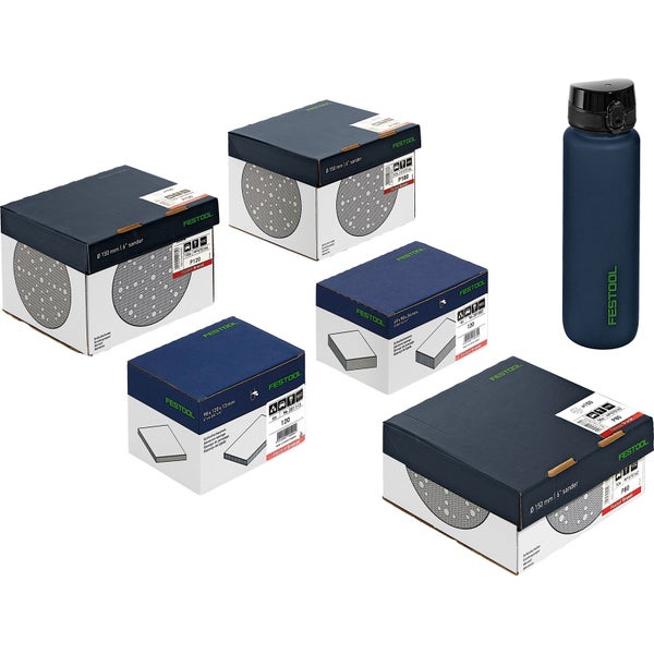 Mehrere Packungen Festool Schleifmittel und eine Festool Trinkflasche