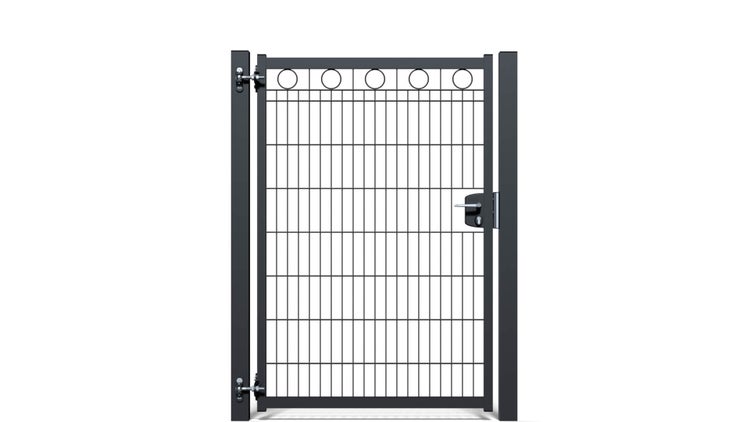 Zauntür ZAUNGURU BASIC-Linie Berlin Kreis aus Metall, Höhe: 163cm, Breite: 123cm, 1-flügelig inkl. Pfosten, Schloss und Zubehör, Feuerverzinkt und zusätzlich in RAL 7016 Anthrazitgrau pulverbeschichtet