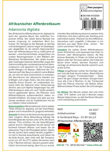 SAFLAX Geschenk Set - Afrikanischer Affenbrotbaum - Adansonia digitata - 6 Samen - Mit Geschenkbox, Versandaufkleber, Geschenkkarte und Anzuchtsubstrat