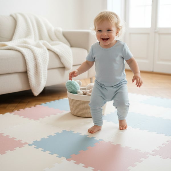 Puzzlematte aus Schaumstoff mit bunten, ineinandergreifenden Quadraten in einem hellen Wohnzimmer mit Kleinkind.