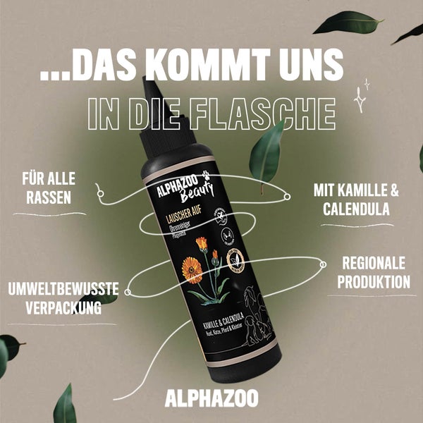 ALPHAZOO Lauscher-Auf Ohrenreiniger 200ml für Hunde und Katzen I Ohrenpflege mit Kamille