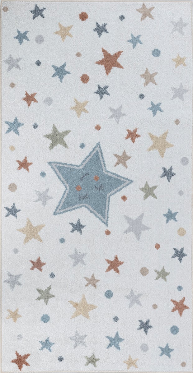 Maschinenwaschbarer Kinderteppich Sterne - Mehrfarbig/Blau - 80x150cm - SUPERMAMA