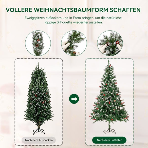 Anleitung zum Auffächern eines künstlichen Weihnachtsbaums für eine volle Form durch manuelles Ausrichten der Zweigspitzen nach dem Auspacken.