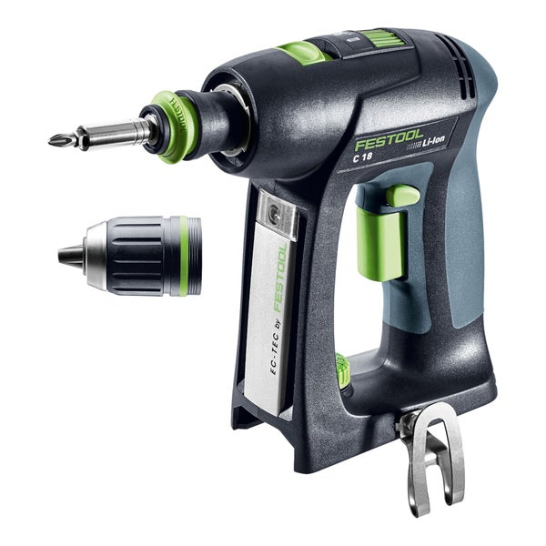 Festool C 18 Akku-Bohrschrauber mit ergonomischem Griff in C-Bauform, Schnellwechselfutter und Schrauberbit.