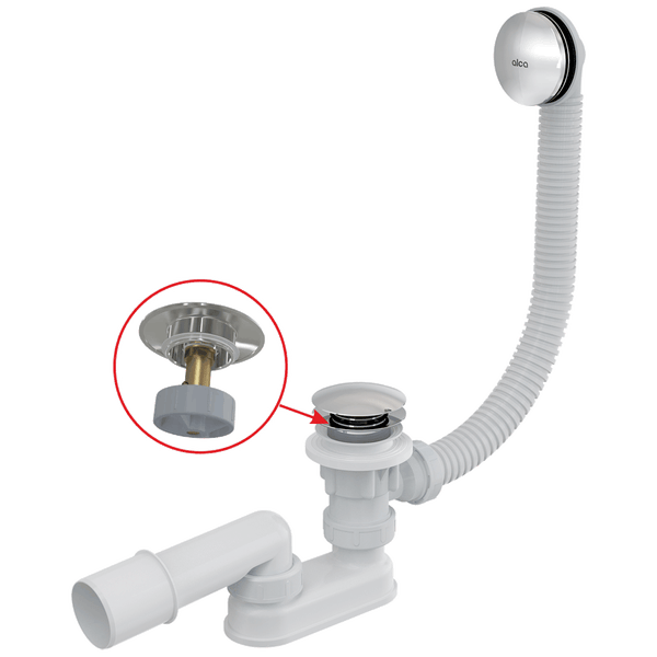 Alca Badewannenablaufgarnitur mit Siphon und Überlauf mit einem Detailbild des Ablaufventils