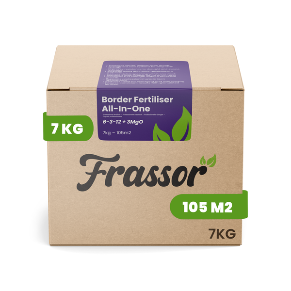 Frassor Border Dünger All-In-One im 7 Kilogramm Karton für eine Fläche von 105 Quadratmetern.