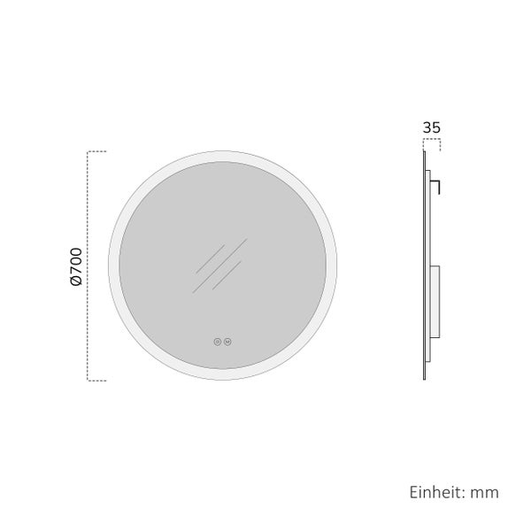 Maßzeichnung eines runden Spiegels mit 700 Millimetern Durchmesser und 35 Millimetern Tiefe.