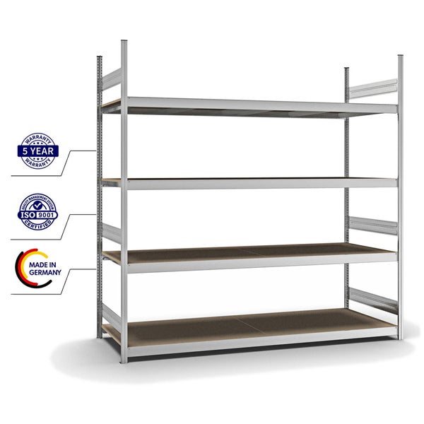 PROREGAL Weitspannregal Stecksystem T-Profil Grundregal HxBxT 250x250x80 cm 4 Ebenen Spanplatten Fachboden Fachlast 350 kg Verzinkt