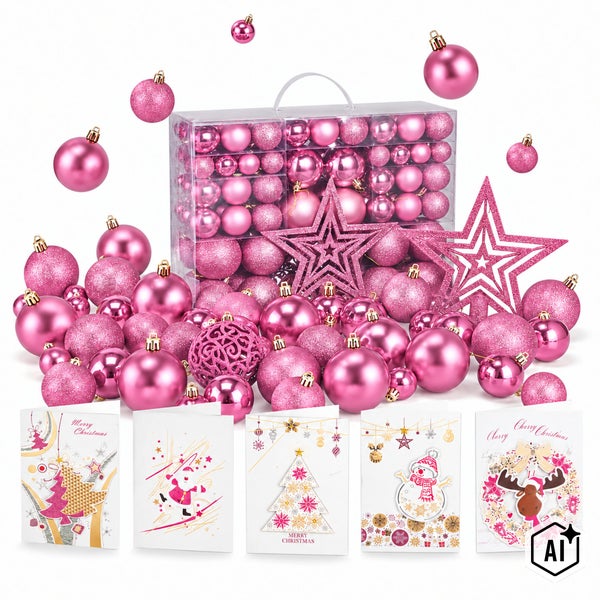 Weihnachtsbaumschmuck Set in rosa mit verschiedenen Kugelgroessen, Sternen und fuenf Weihnachtskarten in einer transparenten Aufbewahrungsbox.