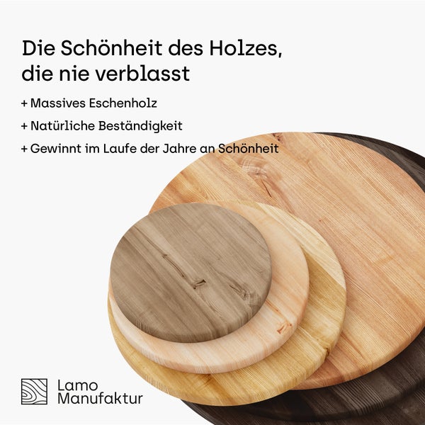 Runde Tischplatten aus massivem Eschenholz in verschiedenen Größen und Maserungen von Lamo Manufaktur.