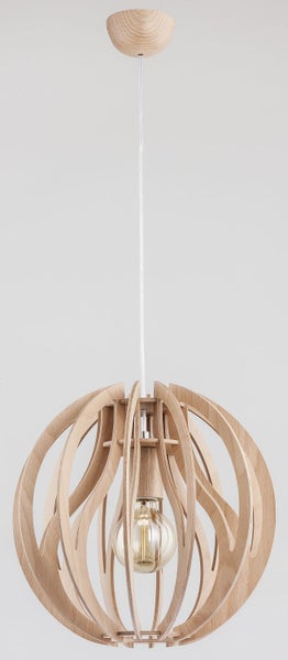 Moderne Pendelleuchte aus Holz in Kugelform mit integrierter LED Glühbirne für eine wohnliche Beleuchtung.