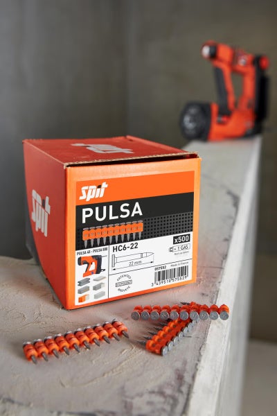 Spit Pulsa HC6-22 Magazinierte Naegel fuer Bolzensetzer, Set enthaelt 500 Naegel und eine Gaskartusche.