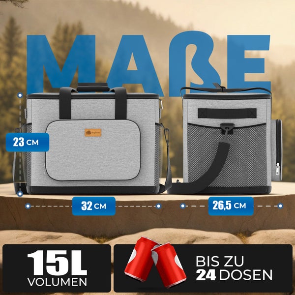 Zwei graue Kühltaschen mit Tragegriffen und Schultergurten stehen auf einem sandigen Untergrund. Die größere Tasche ist 32 cm breit und 23 cm hoch, die kleinere 26,5 cm breit. Das Volumen beträgt 15 Liter für bis zu 24 Dosen. BigDean Logo