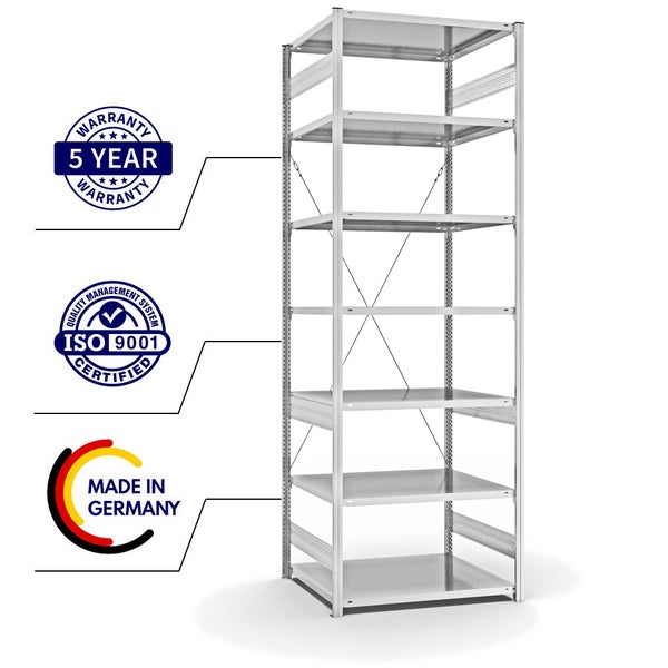 PROREGAL Fachbodenregal Stecksystem T-Profil Medium-Duty Grundregal HxBxT 300 x 100 x 80 cm 7 Ebenen Fachlast 230 kg Einseitig Nutzbar Lichtgrau
