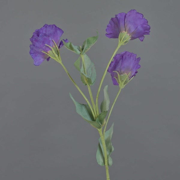 Künstlicher Blumenstiel mit drei violetten Blüten und grünen Blättern.