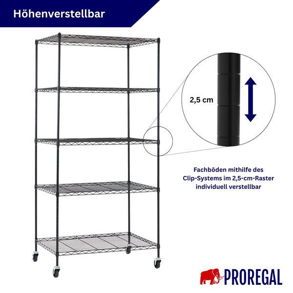 5-stöckiges Drahtregal auf Rollen mit in 2,5-Zentimeter-Schritten höhenverstellbaren Fachböden. Proregal Logo.