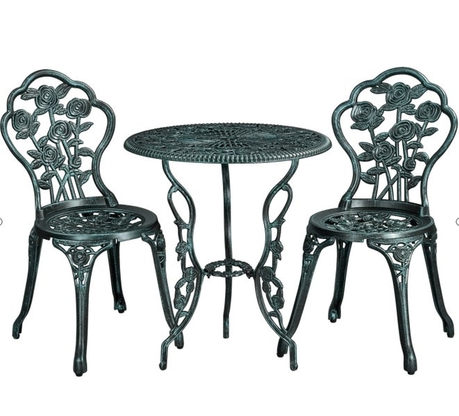 Gartengarnitur mit Tisch und zwei Stühlen aus Metall mit Rosenmotiven