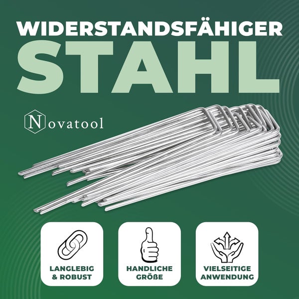 Novatool Erdnägel aus widerstandsfähigem Stahl, langlebig und robust, handliche Größe, vielseitige Anwendung. Novatool Logo.