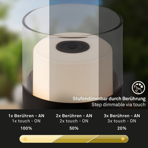 BRILONER LED Tischleuchte, Akku, Warmweißes Licht, Dimmbar, IP44, Touch, schwarz, 9 x 10 cm