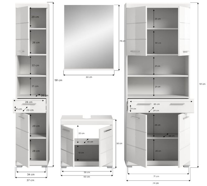 Technische Zeichnung eines Badezimmermöbel-Sets mit Maßangaben in Zentimeter für Hochschrank, Spiegel, Waschbeckenunterschrank und Highboard.