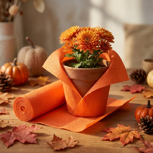 Herbstliche Tischdekoration mit einer Topfpflanze, umwickelt mit Krepppapier, ergänzt durch Kürbisse und Herbstlaub auf einem Holztisch.