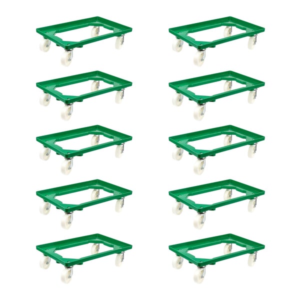 PROREGAL SparSet 10x Transportroller für Euroboxen 60 x 40 cm mit Kunststoffräder Grün Offenes Deck 2 Lenkrollen und 2 Bremsrollen Traglast 300 kg