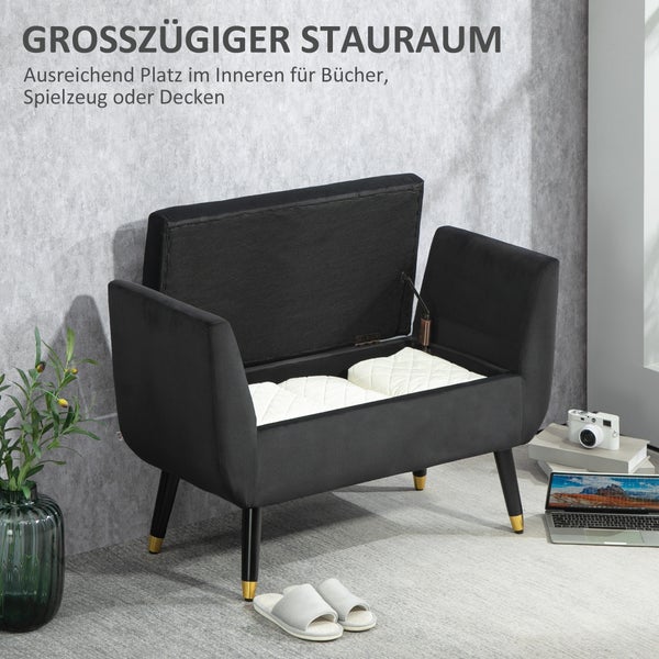 HOMCOM Sitzbank mit Stauraum Armlehnen Polsterbank mit Samtoptik, Sitztruhe mit Holzbeine, Truhenbank für Wohnzimmer Schlafzimmer Flur 107 x 42 x 65 cm, Dunkelgrau