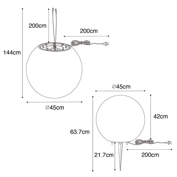 Maße der Kugelleuchte in Zentimeter: Durchmesser 45, Gesamthöhe Pendelleuchte 144, Gesamthöhe Gartenleuchte 63,7, Kabellänge 200.