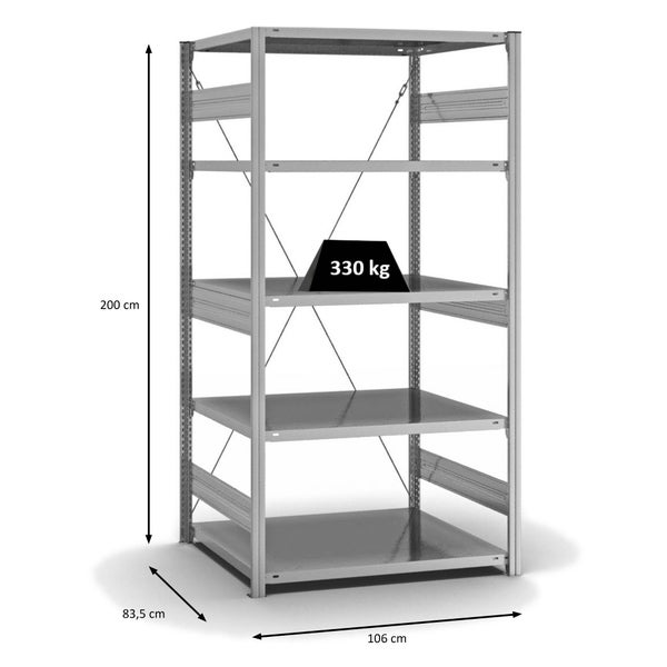 PROREGAL Fachbodenregal Stecksystem T-Profil Heavy-Duty Grundregal HxBxT 200 x 100 x 80 cm 5 Ebenen Fachlast 330 kg Einseitig Nutzbar Verzinkt