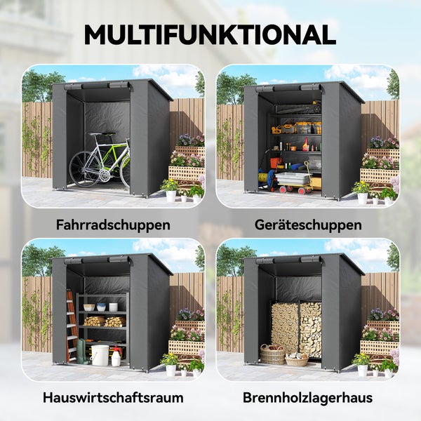 Multifunktionales Aufbewahrungszelt: Nutzung als Fahrradschuppen, Geräteschuppen, Hauswirtschaftsraum oder Brennholzlagerhaus.