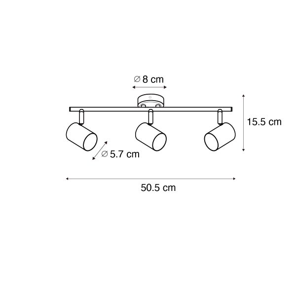 Technische Zeichnung einer Deckenleuchte mit drei Strahlern und Maßangaben