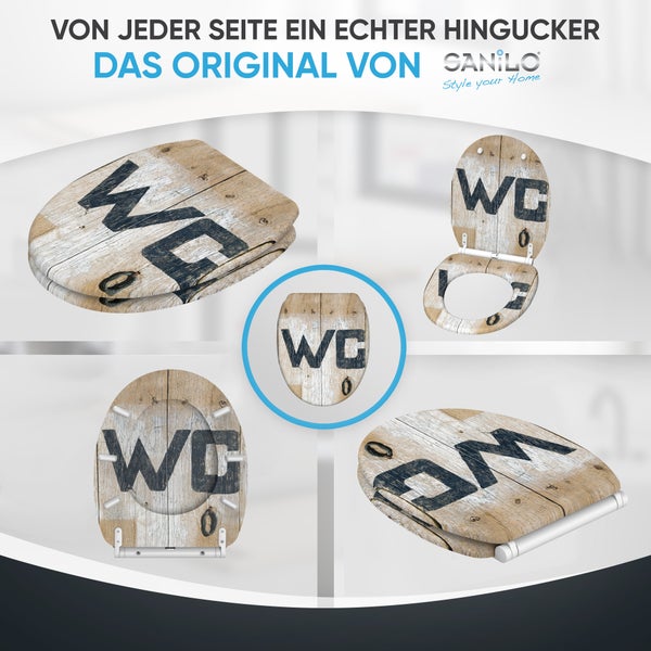 Sanilo WC-Sitz mit Holzoptik Motiv und WC Aufdruck in verschiedenen Ansichten gezeigt Sanilo Logo
