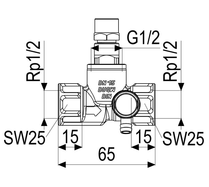 Technische Zeichnung eines Ventils: G 1 durch 2 Anschluss oben, Rp 1 durch 2 seitlich, Nennweite 15, Breite 65 Millimeter, Schlüsselweite 25.