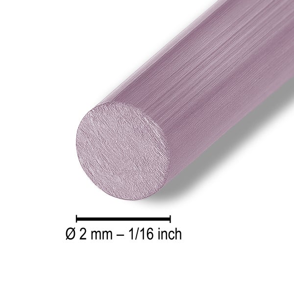 Lila Rundstab mit einem Durchmesser von 2 Millimeter oder ein sechzehntel Zoll.