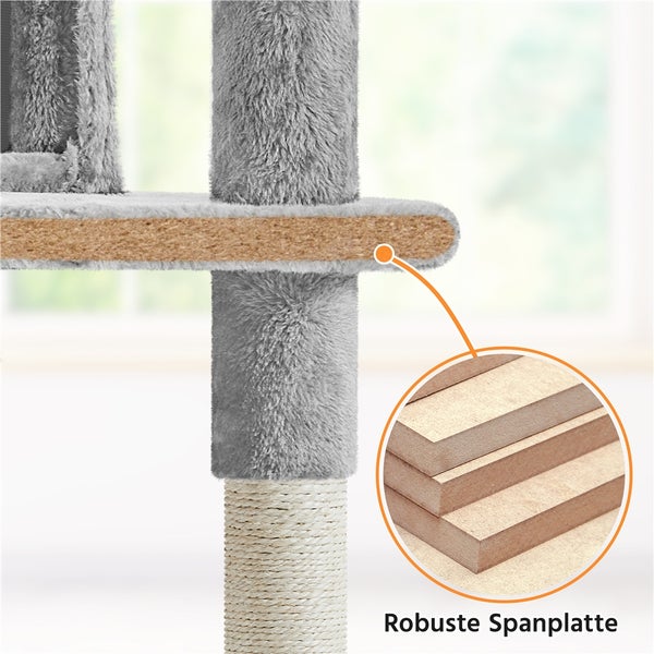 Detailaufnahme einer robusten Spanplatte eines Katzenkratzbaums