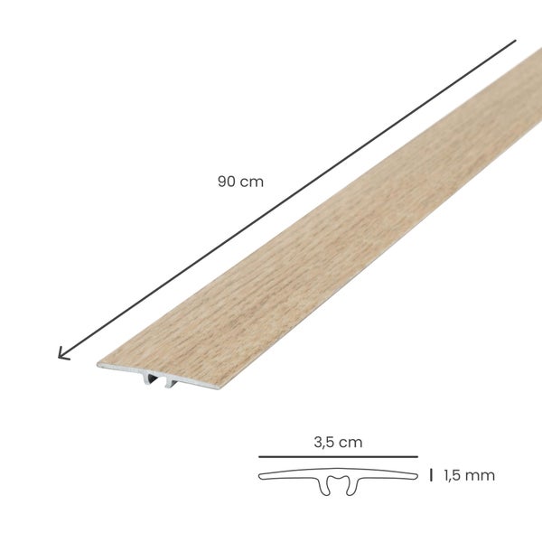 Übergangsprofil in Holzoptik, Länge 90 Zentimeter, Breite 3,5 Zentimeter, Höhe 1,5 Millimeter.