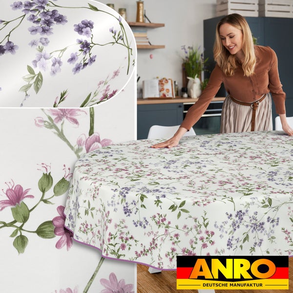 Runde Tischdecke mit Blumenmuster und ANRO Deutsche Manufaktur Logo
