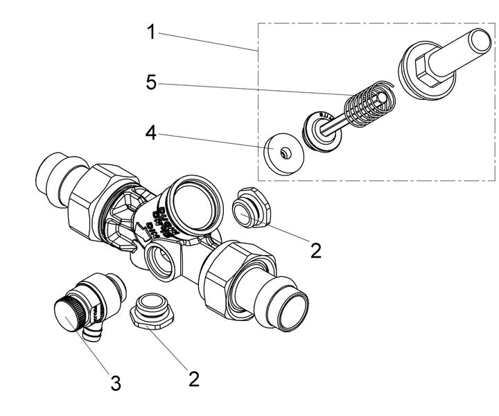 Explosionszeichnung einer Sanitärarmatur mit nummerierten Einzelteilen wie Feder, Dichtungen und Verschlussstopfen.