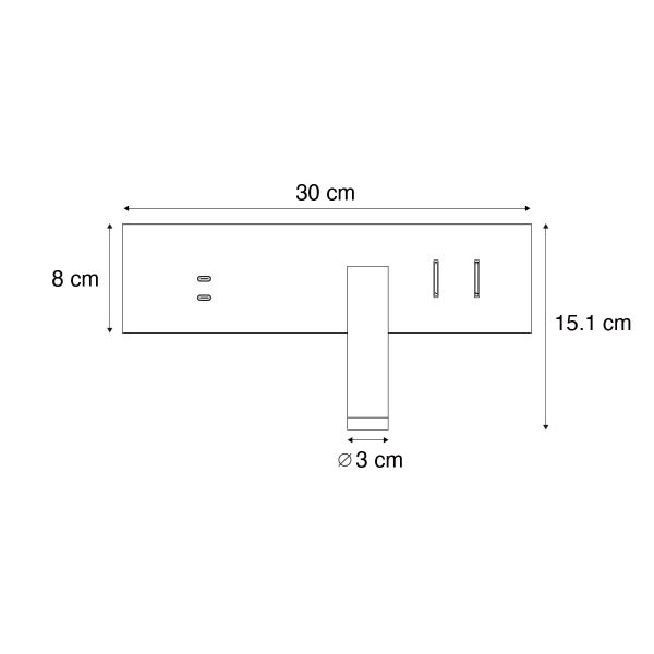 Technische Zeichnung einer Wandleuchte mit den Maßen 30 cm Breite, 15,1 cm Höhe und 3 cm Durchmesser.