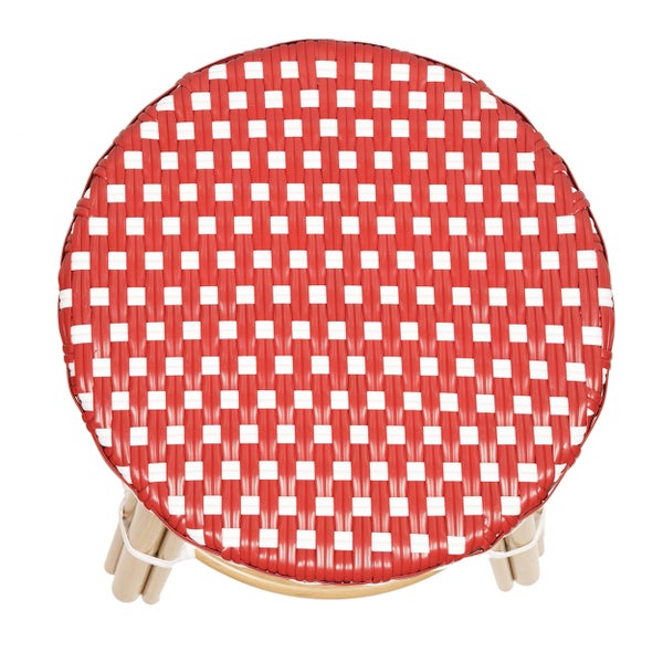 Runder Hocker mit rot-weißem Geflechtmuster, Draufsicht.