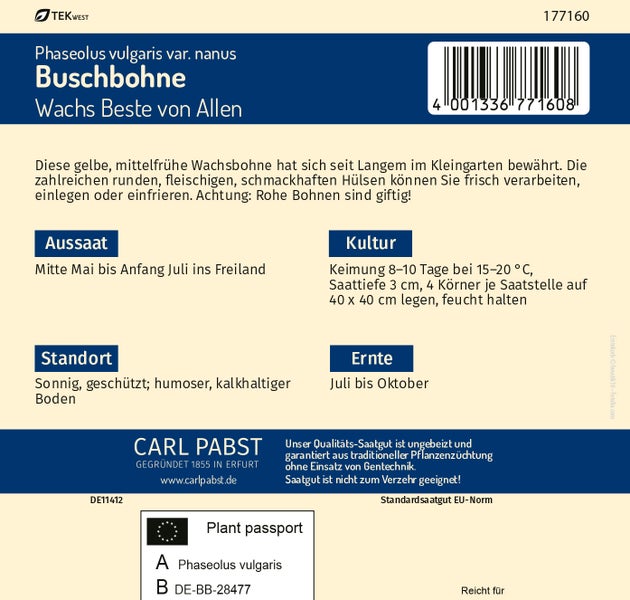 Rückseite einer Samentüte für Buschbohnen Wachs Beste von Allen mit Anleitungen zu Aussaat und Ernte, Pflanzenpass und Carl Pabst Logo.