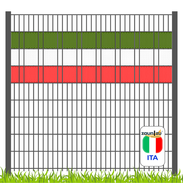 Zaun mit Sichtschutzstreifen in den Farben der italienischen Flagge und ZaunZu Logo.