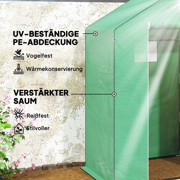 Outsunny Gewächshaus mit Rolltür, Fenster, Regale, winterfest Foliengewächshaus aus Stahl, Treibhaus für Balkon, Garten, Tomatenhaus 143 x 74 x 190 cm, Tomatengewächshaus für Tomaten, Gemüse, Grün